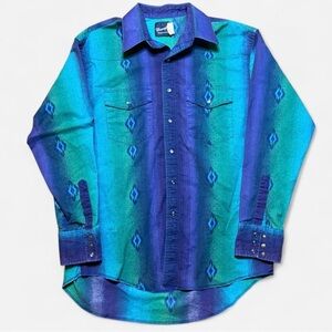 Vintage Wrangler Men's Button-Down Shirt in Teal & Blue